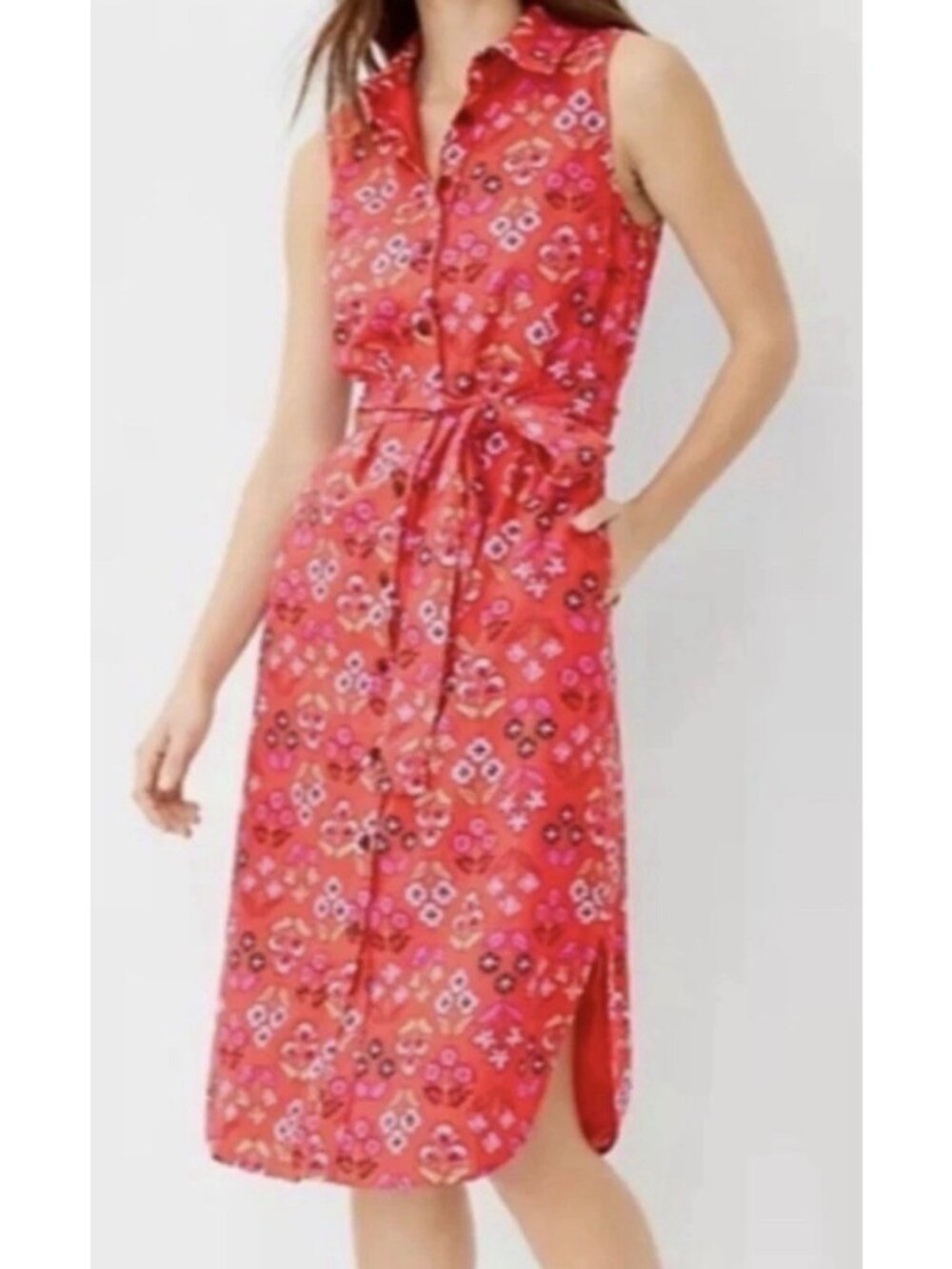 Ann Taylor Dress Size 0 Linen Blend Floral Shirt Red Sleeveless Belted Button Up